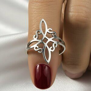Silver Stainless Steel Witch Celtic Viking Cross Knot Adjustable Open Ring NWOT